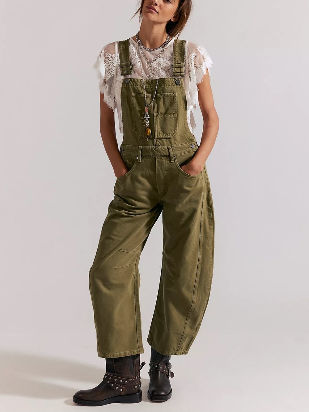 Free People We The Free Barrel Leg Overalls Olive Green XS Utility
